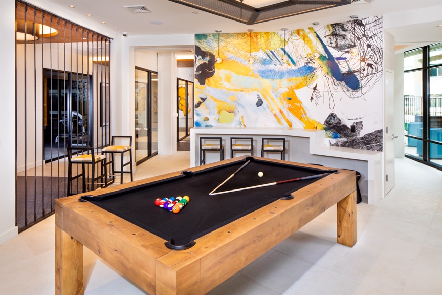 billiards table in clubroom of scout fairvax va luxury apartments