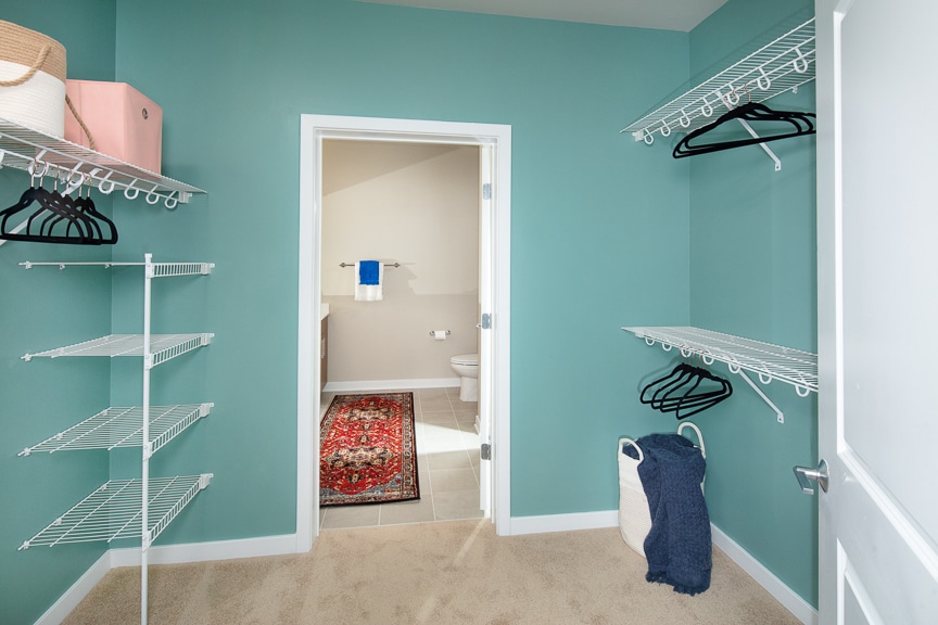 walk in closet with green accent walls, shelving and view of bathroom at scout luxury fairfax apartments