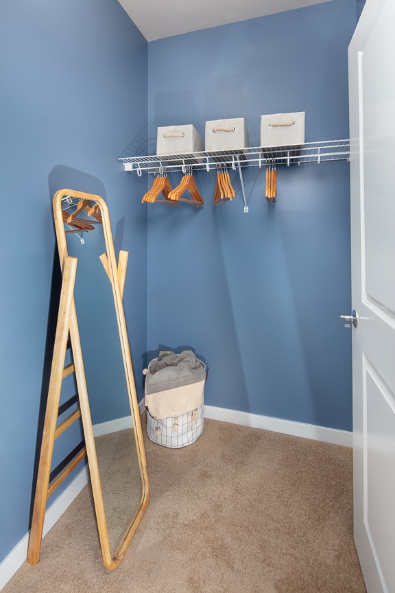 walk in closet with blue accent walls and shelving at Scout on the Circle luxury fairfax VA apartments