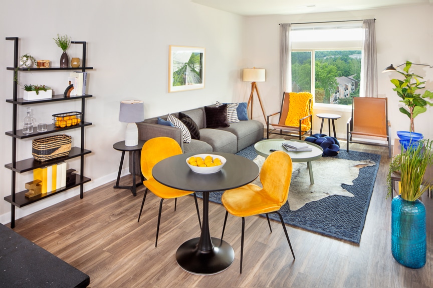 living and dining area with large windows,and sleek plank flooring Scout on the Circle luxury apartments in fairfax VA