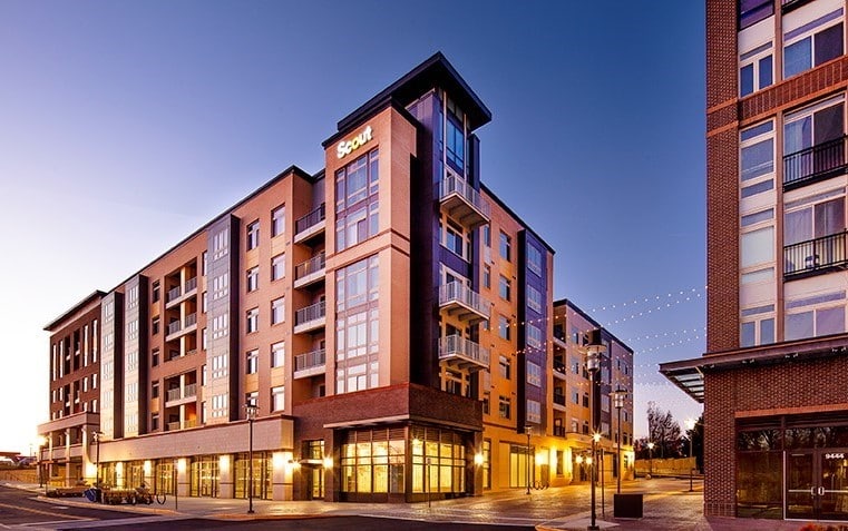 Exterior evening view of scout Fairfax luxury apartments