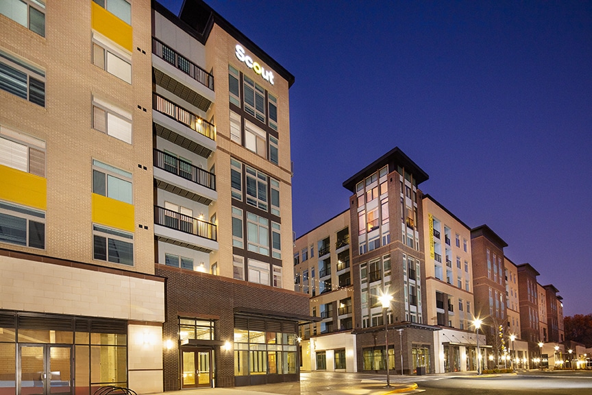 Exterior night view of scout Fairfax luxury apartments
