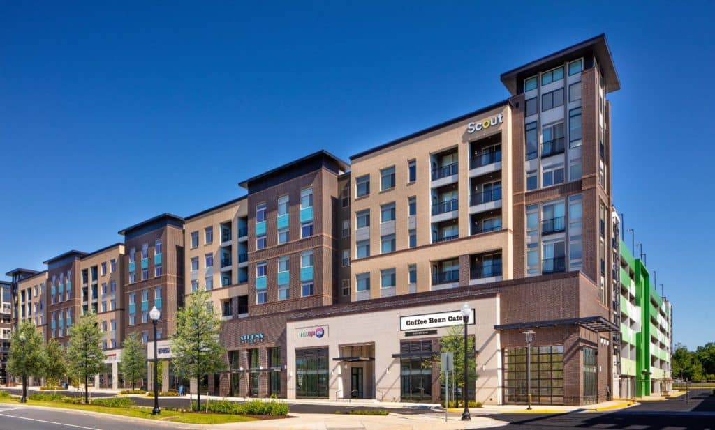 exterior of 6 story luxury apartment building with retail on the ground floor in fairfax va